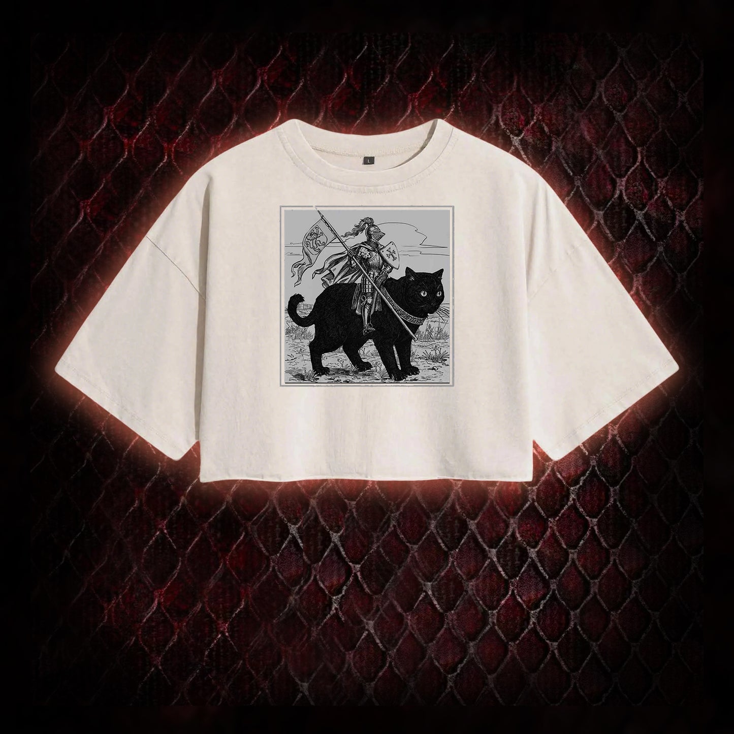 Vintage Knight & Giant Black Cat Medieval Fantasy Graphic Vintage-Cropped T-shirt  - Whimsical Retro Aesthetic Statement Piece
