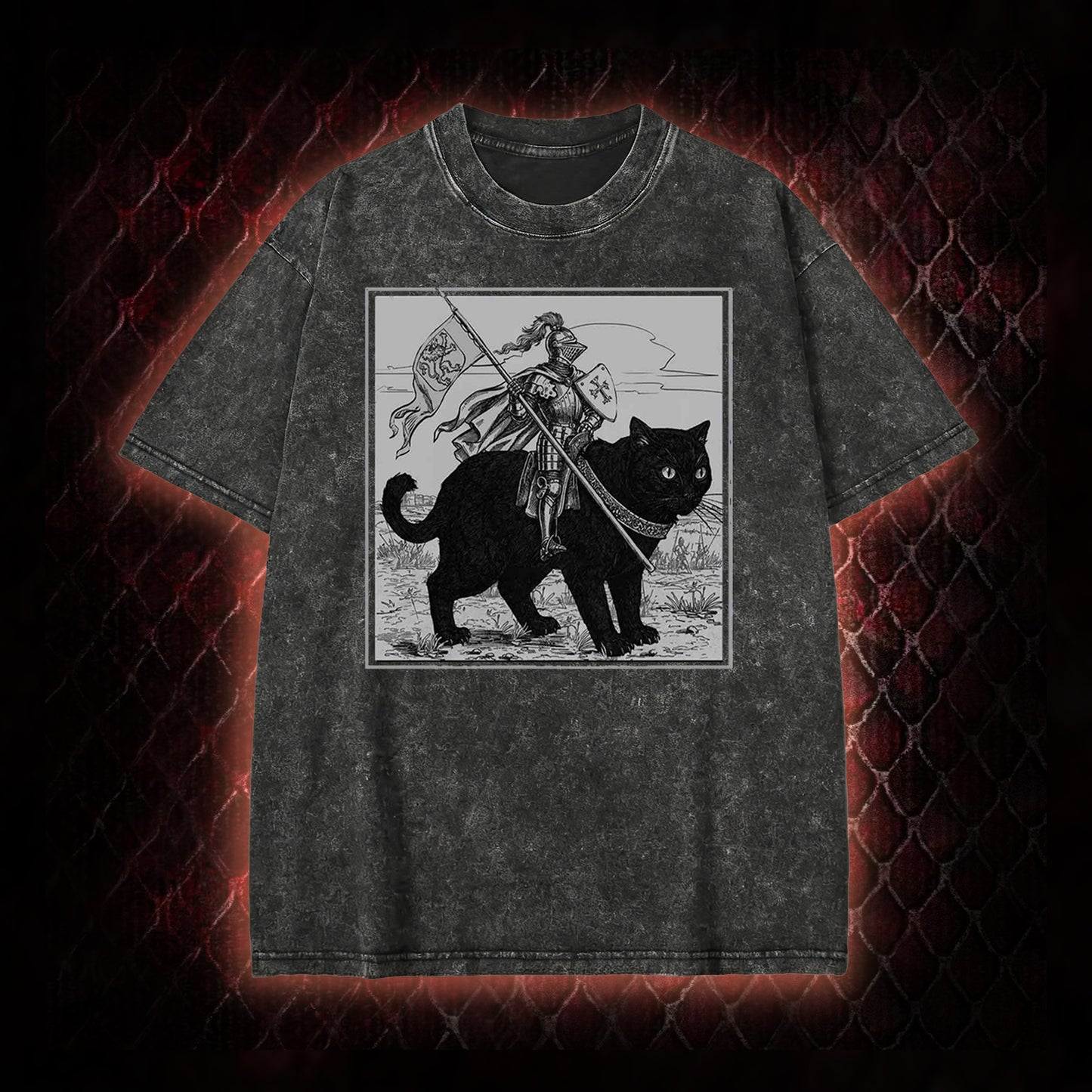 Vintage Knight & Giant Black Cat Medieval Fantasy Graphic Vintage-T-Shirt - Whimsical Retro Aesthetic Statement Piece