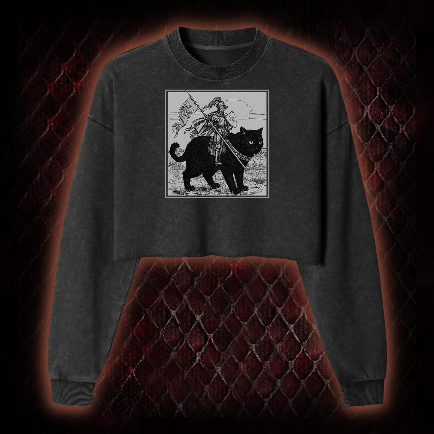 Vintage Knight & Giant Black Cat Medieval Fantasy Graphic Cropped Long-Sleeved  - Whimsical Retro Aesthetic Statement Piece
