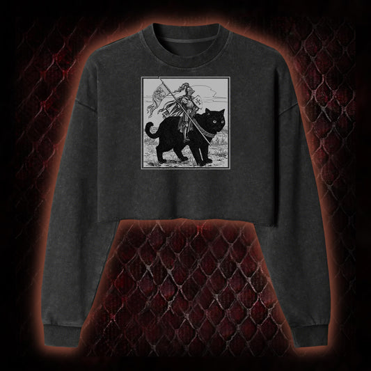 Vintage Knight & Giant Black Cat Medieval Fantasy Graphic Cropped Long-Sleeved  - Whimsical Retro Aesthetic Statement Piece