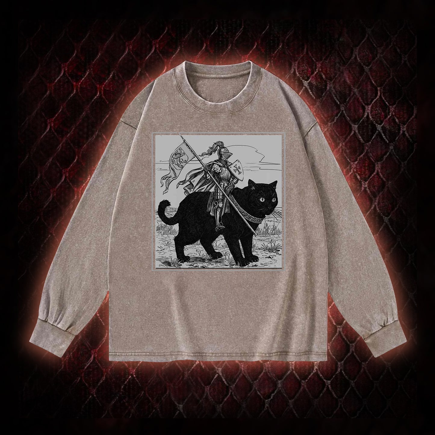 Vintage Knight & Giant Black Cat Medieval Fantasy Graphic Vintage-Sweatshirt  - Whimsical Retro Aesthetic Statement Piece