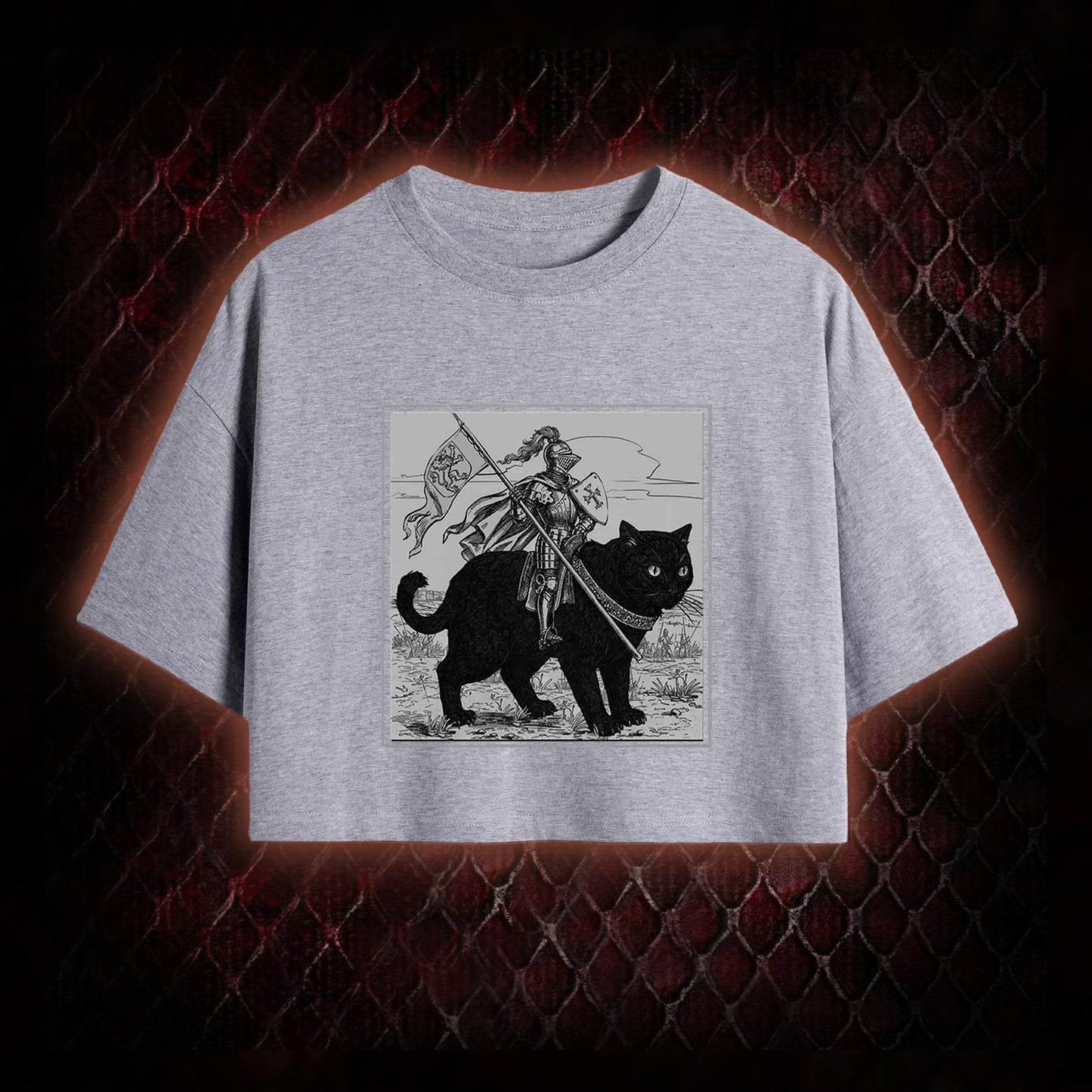 Vintage Knight & Giant Black Cat Medieval Fantasy Graphic Cropped T-shirt  - Whimsical Retro Aesthetic Statement Piece