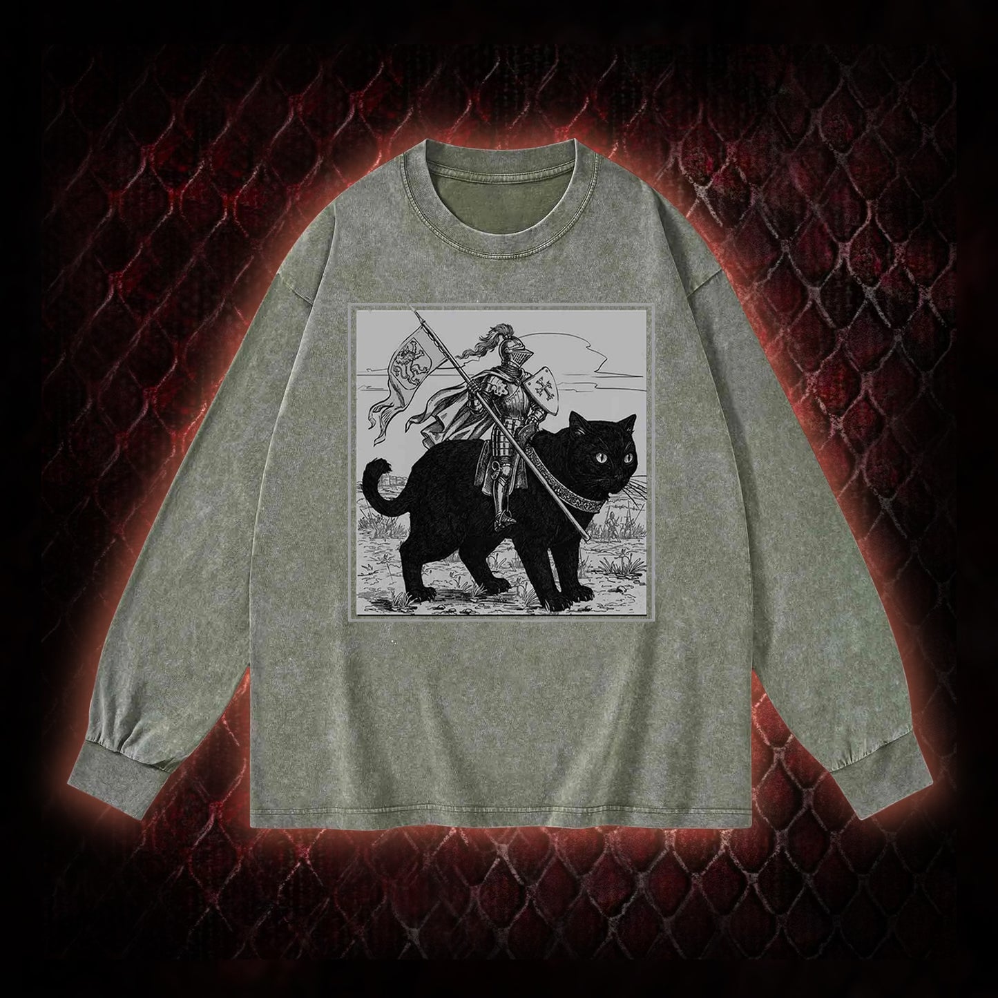 Vintage Knight & Giant Black Cat Medieval Fantasy Graphic Vintage-Sweatshirt  - Whimsical Retro Aesthetic Statement Piece