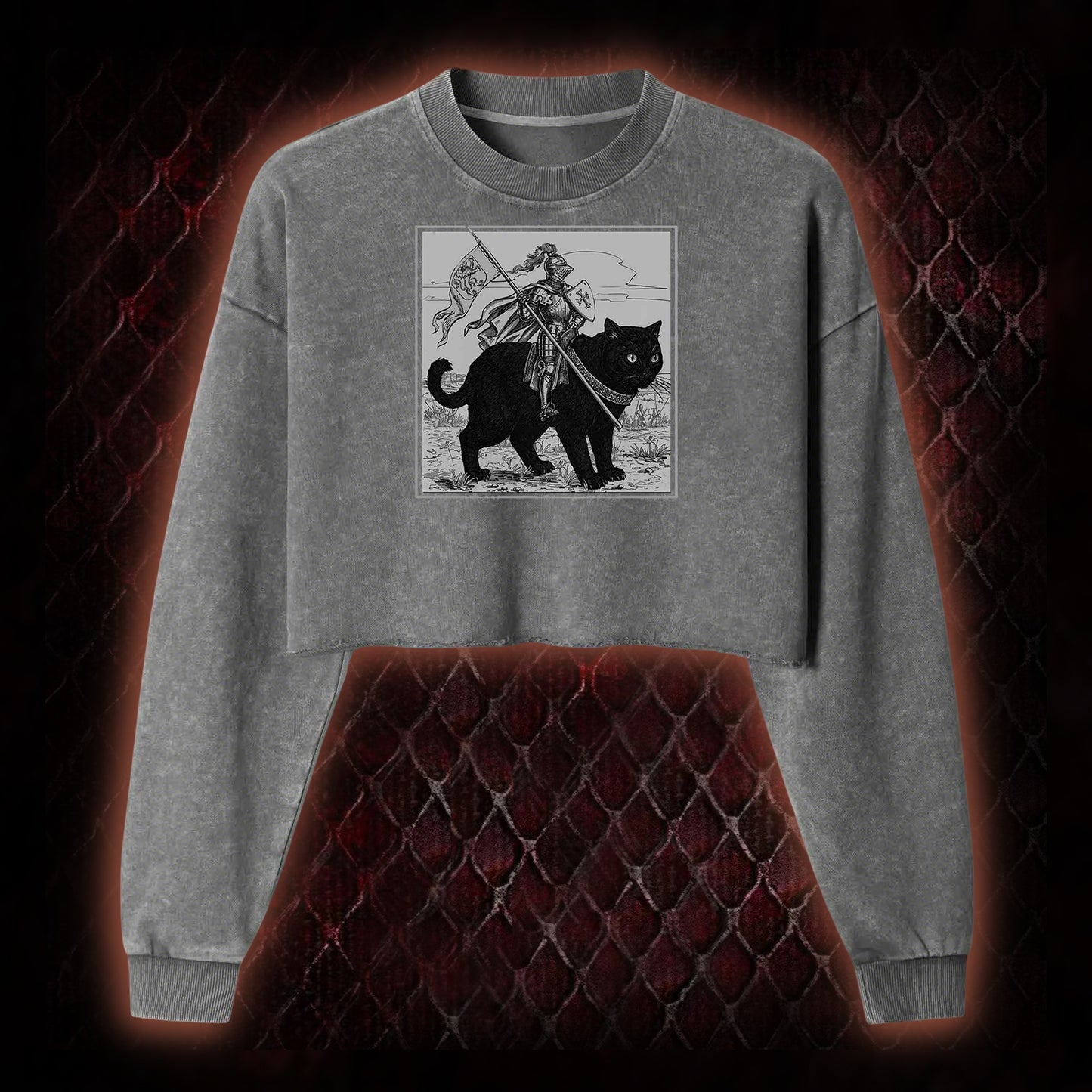 Vintage Knight & Giant Black Cat Medieval Fantasy Graphic Cropped Long-Sleeved  - Whimsical Retro Aesthetic Statement Piece