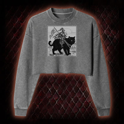 Vintage Knight & Giant Black Cat Medieval Fantasy Graphic Cropped Long-Sleeved  - Whimsical Retro Aesthetic Statement Piece