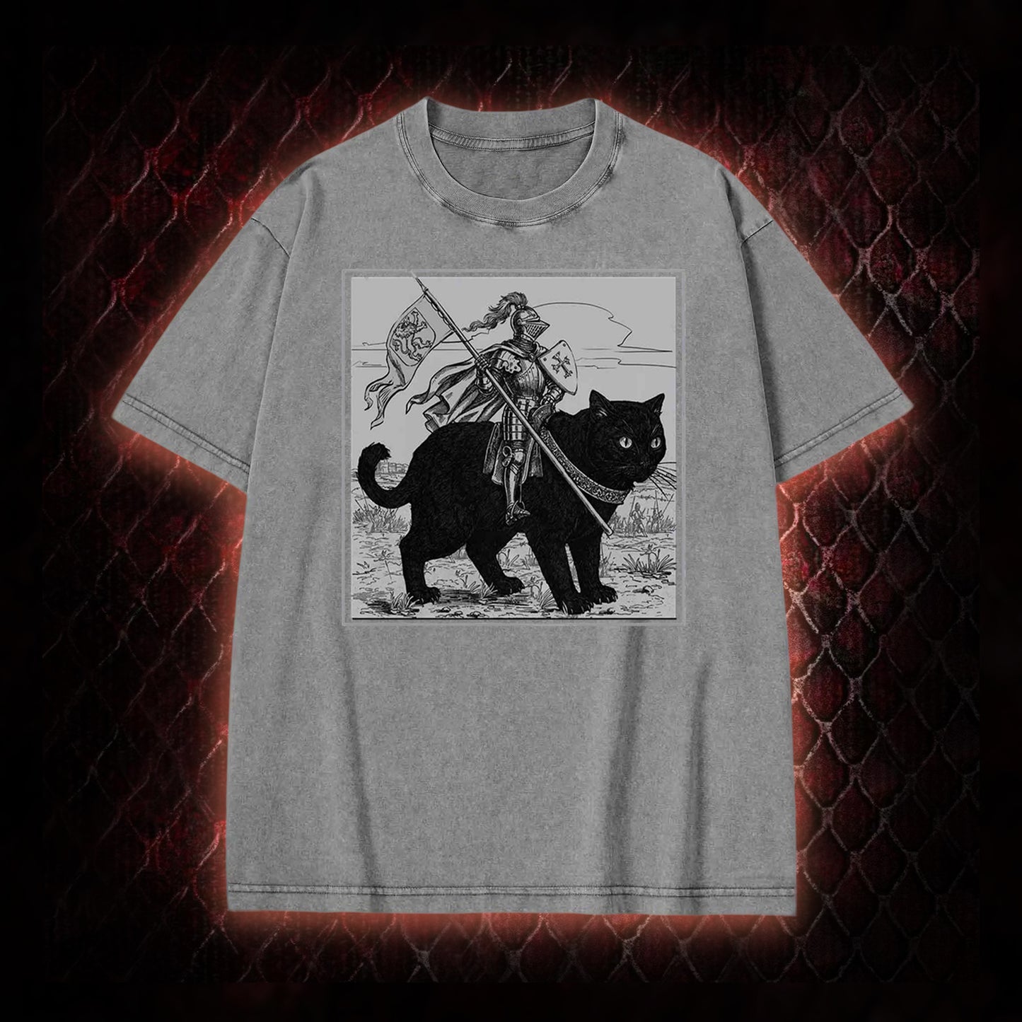 Vintage Knight & Giant Black Cat Medieval Fantasy Graphic Vintage-T-Shirt - Whimsical Retro Aesthetic Statement Piece