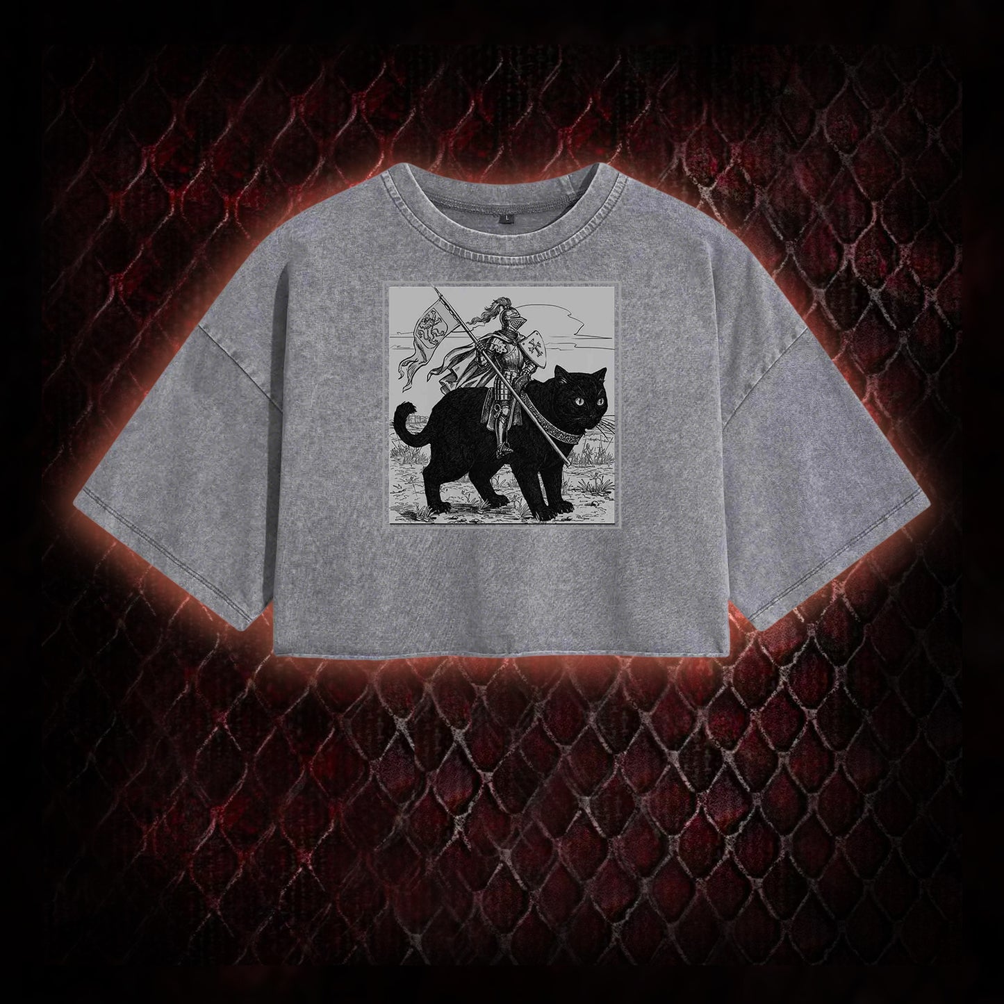 Vintage Knight & Giant Black Cat Medieval Fantasy Graphic Vintage-Cropped T-shirt  - Whimsical Retro Aesthetic Statement Piece