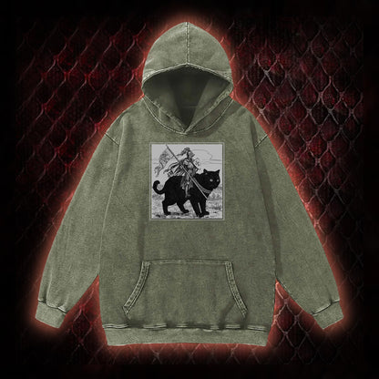 Vintage Knight & Giant Black Cat Medieval Fantasy Graphic Vintage-Hoodie - Whimsical Retro Aesthetic Statement Piece