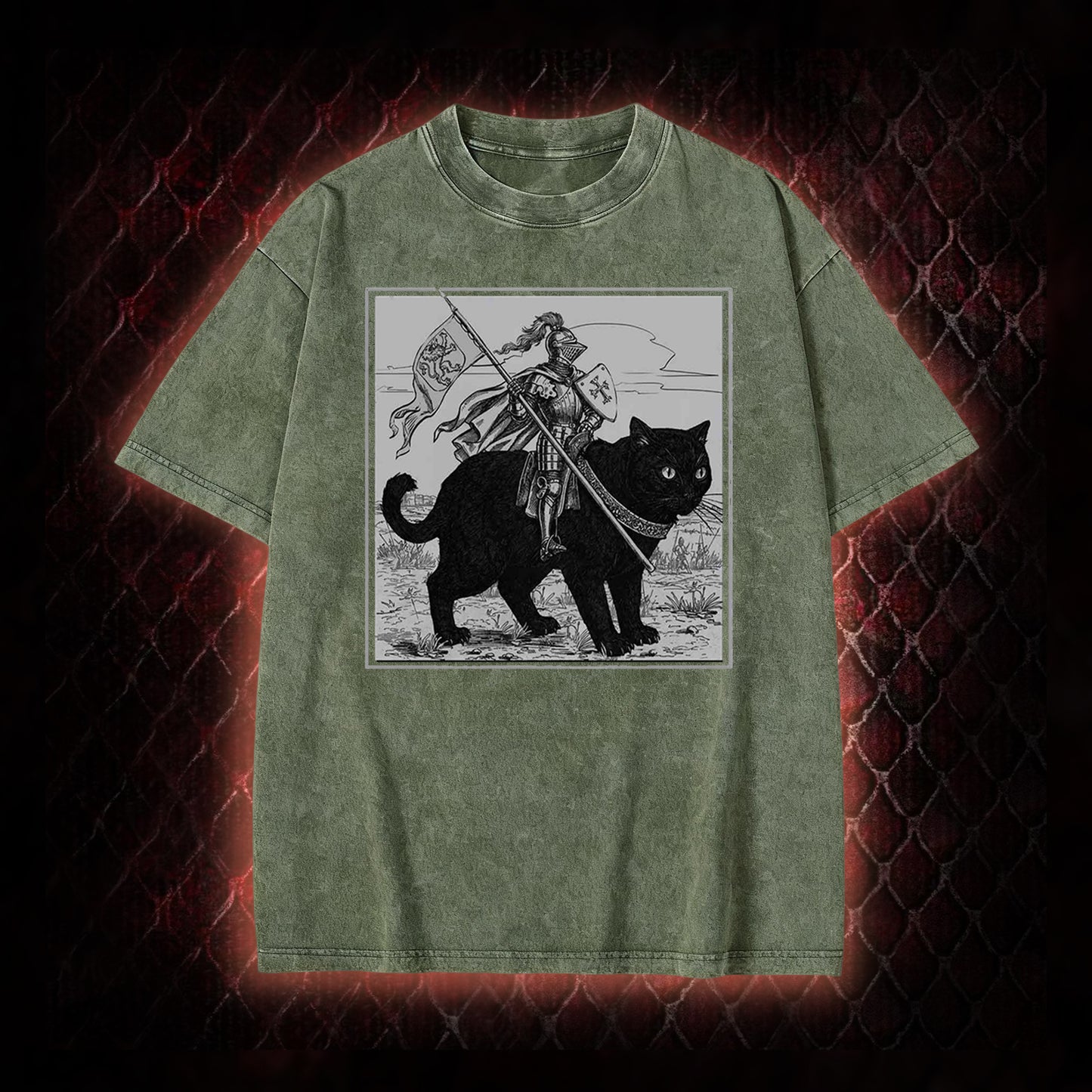 Vintage Knight & Giant Black Cat Medieval Fantasy Graphic Vintage-T-Shirt - Whimsical Retro Aesthetic Statement Piece
