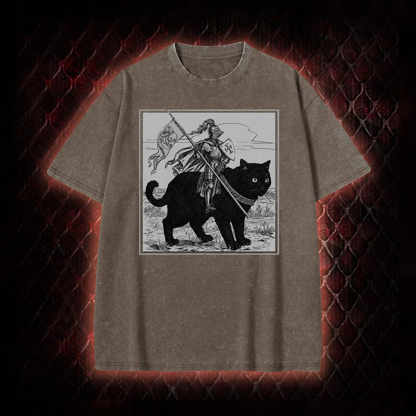 Vintage Knight & Giant Black Cat Medieval Fantasy Graphic Vintage-T-Shirt - Whimsical Retro Aesthetic Statement Piece