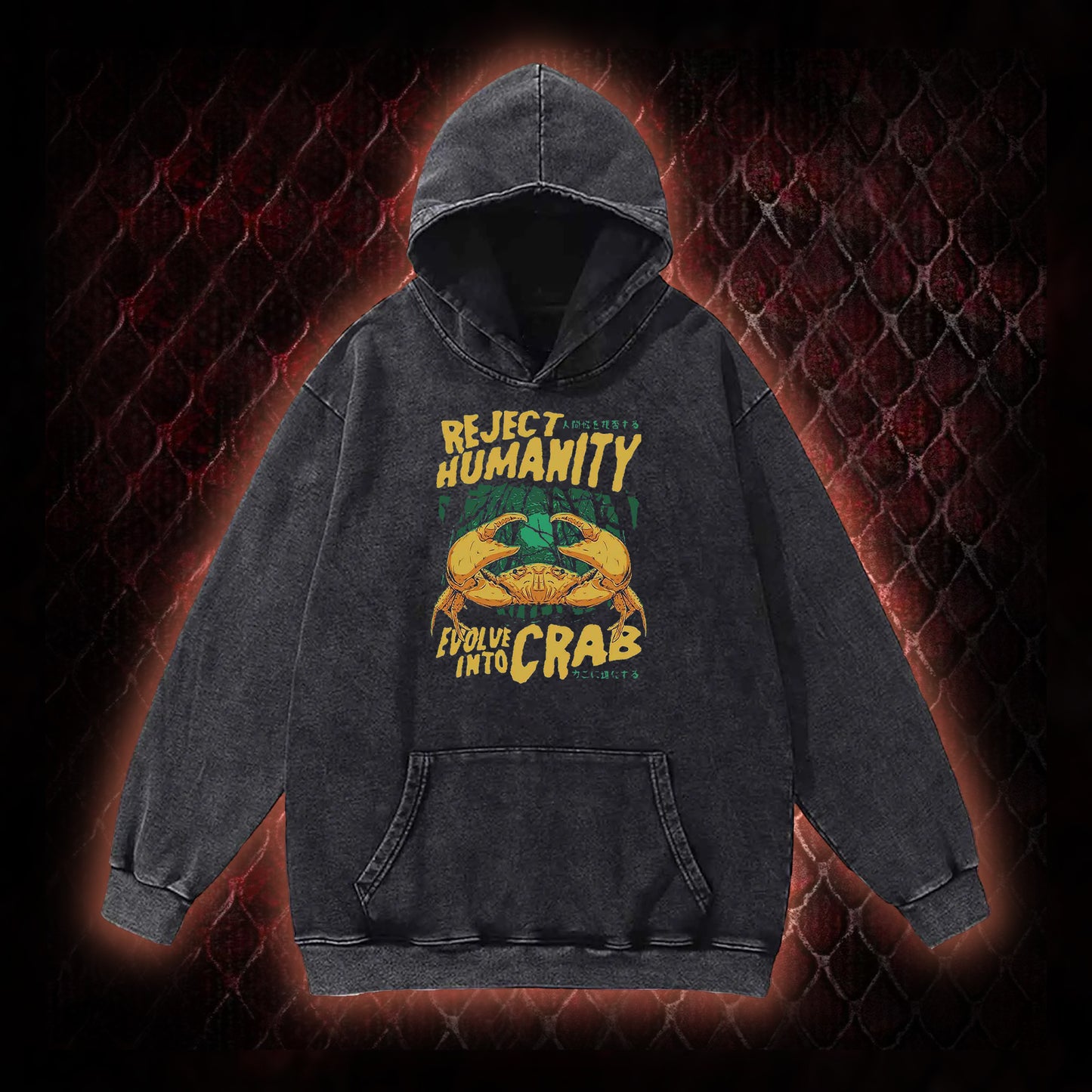 Reject Humanity Evolve Into Crab Meme Graphic Vintage-Hoodie - Viral Internet Humor Statement Piece