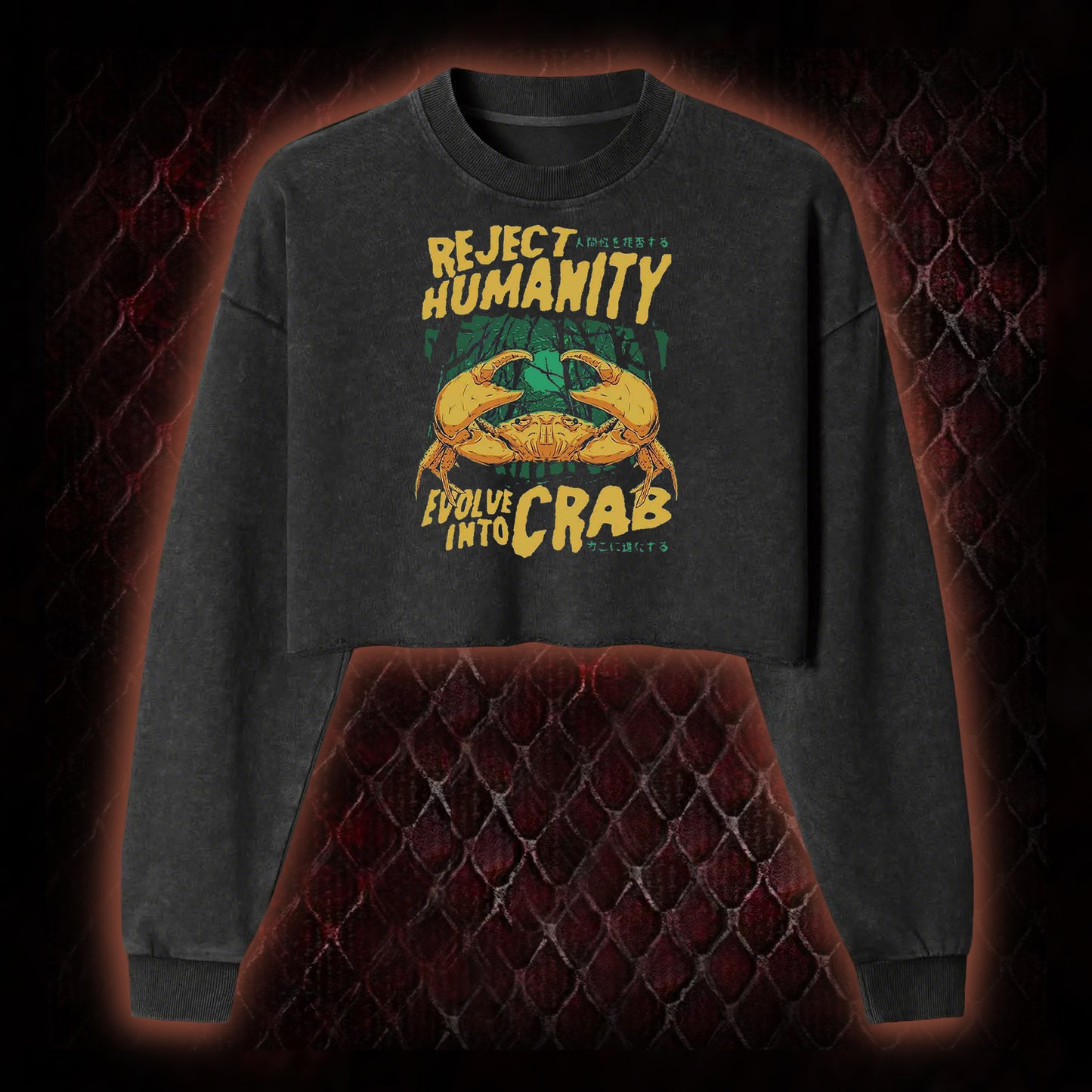 Reject Humanity Evolve Into Crab Meme Graphic Cropped Long-Sleeved  - Viral Internet Humor Statement Piece