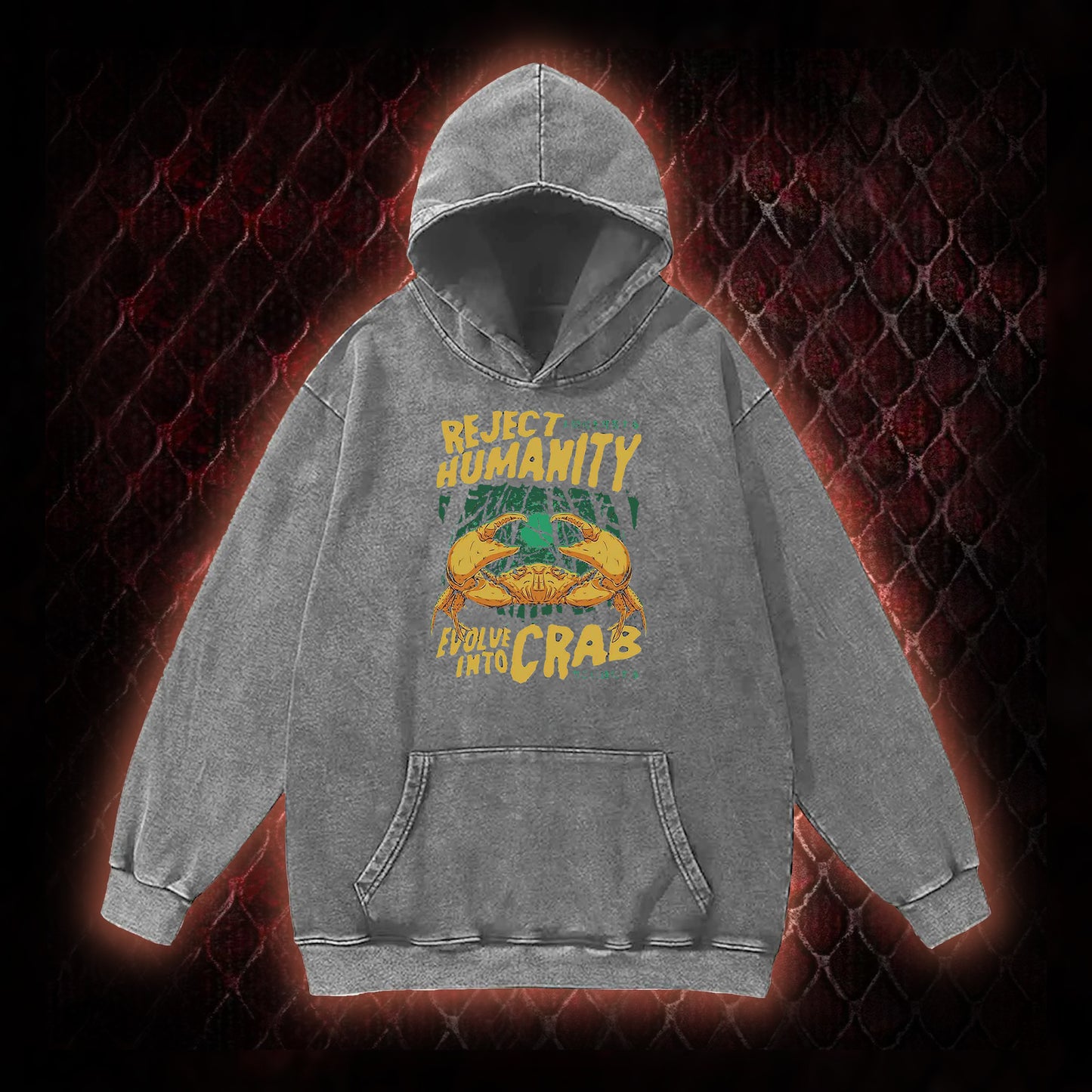 Reject Humanity Evolve Into Crab Meme Graphic Vintage-Hoodie - Viral Internet Humor Statement Piece