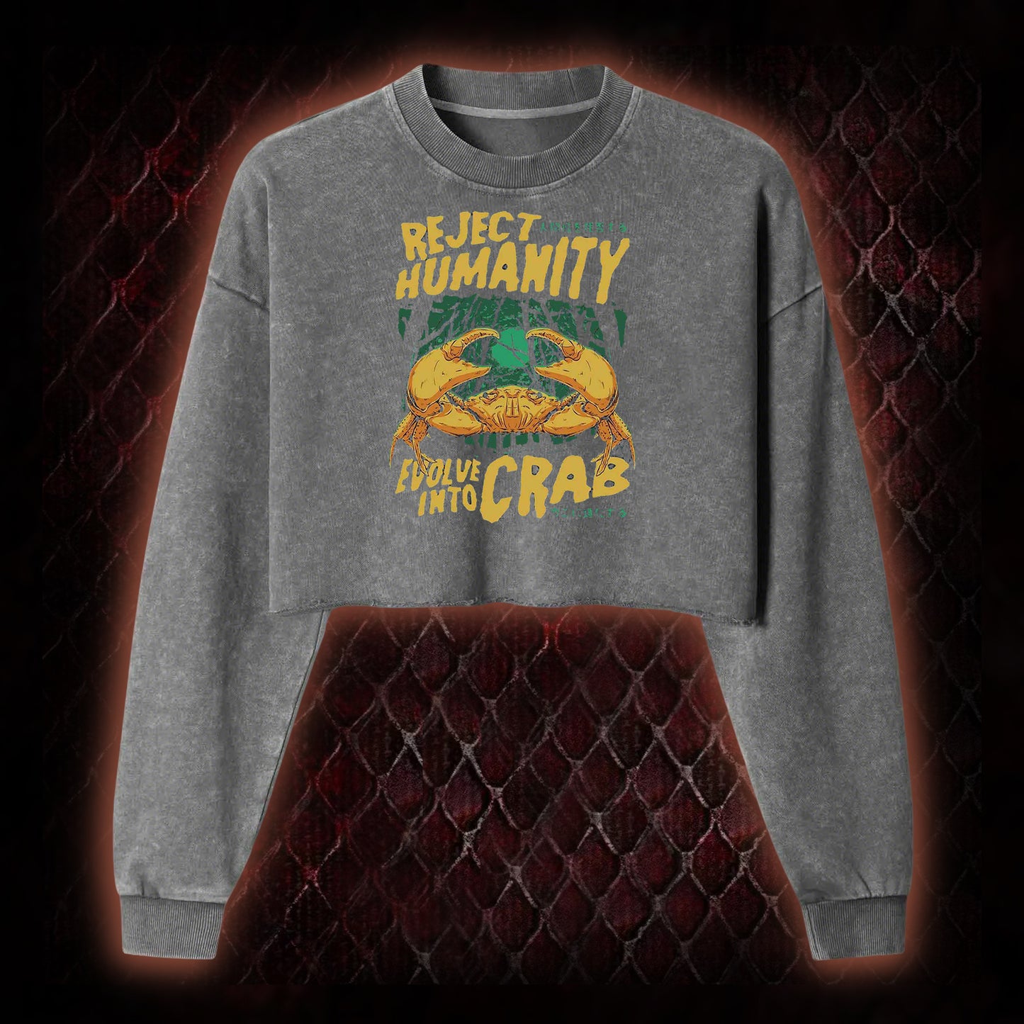 Reject Humanity Evolve Into Crab Meme Graphic Cropped Long-Sleeved  - Viral Internet Humor Statement Piece