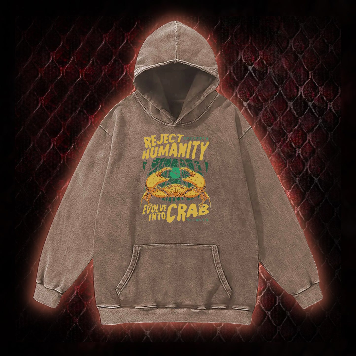 Reject Humanity Evolve Into Crab Meme Graphic Vintage-Hoodie - Viral Internet Humor Statement Piece