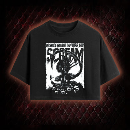 Alien 'In Space No One Can Hear You Scream' Xenomorph Graphic Cropped T-shirt  - Sci-Fi Horror Franchise Tribute Piece
