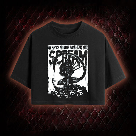 Alien 'In Space No One Can Hear You Scream' Xenomorph Graphic Cropped T-shirt  - Sci-Fi Horror Franchise Tribute Piece