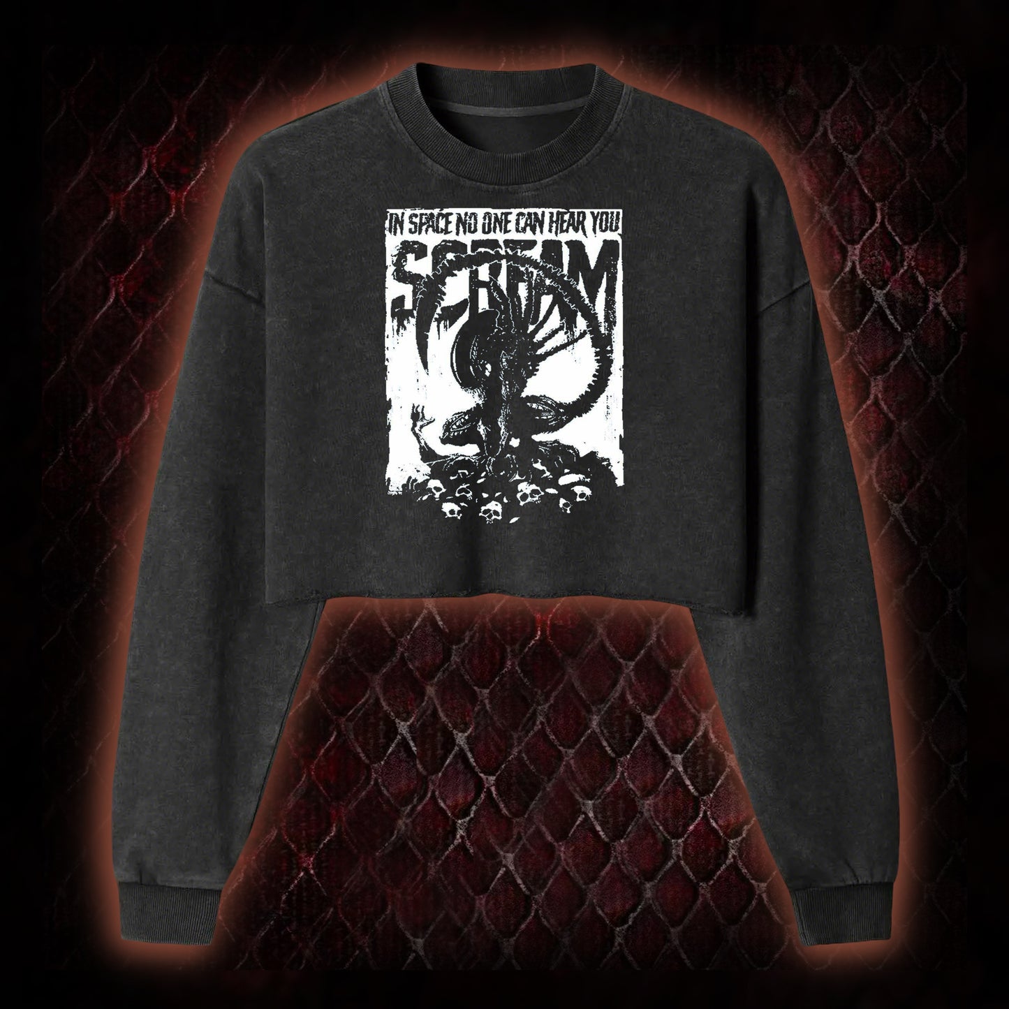 Alien 'In Space No One Can Hear You Scream' Xenomorph Graphic Cropped Long-Sleeved  - Sci-Fi Horror Franchise Tribute Piece
