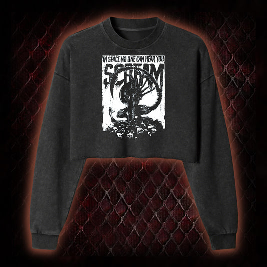 Alien 'In Space No One Can Hear You Scream' Xenomorph Graphic Cropped Long-Sleeved  - Sci-Fi Horror Franchise Tribute Piece