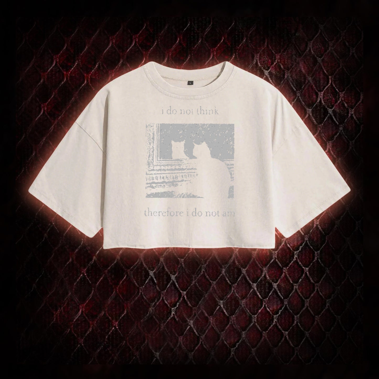 Philosophical Cat Meme 'I Do Not Think Therefore I Do Not Am' Graphic Vintage-Cropped T-shirt  - Humorous Philosophy & Cat Enthusiast Statement Piece