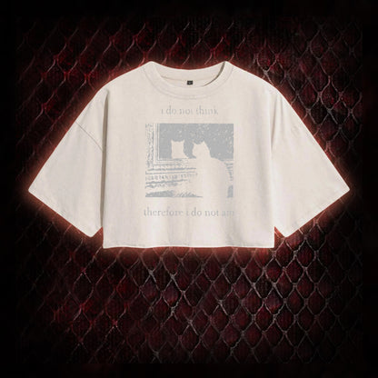 Philosophical Cat Meme 'I Do Not Think Therefore I Do Not Am' Graphic Vintage-Cropped T-shirt  - Humorous Philosophy & Cat Enthusiast Statement Piece