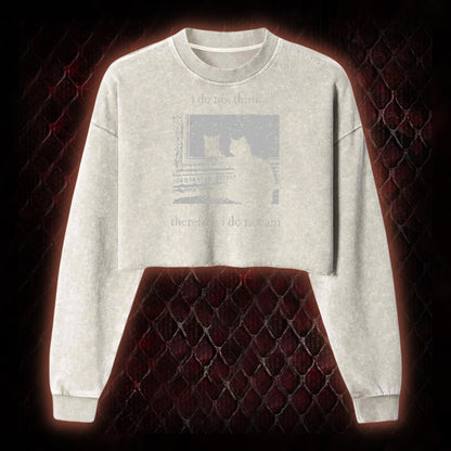 Philosophical Cat Meme 'I Do Not Think Therefore I Do Not Am' Graphic Cropped Long-Sleeved  - Humorous Philosophy & Cat Enthusiast Statement Piece