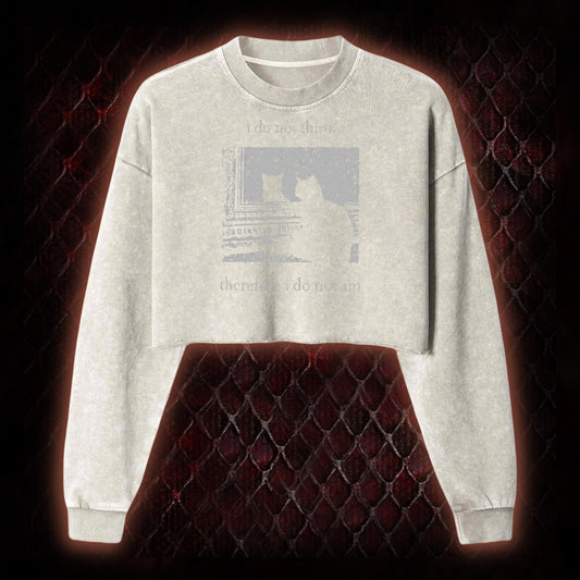 Philosophical Cat Meme 'I Do Not Think Therefore I Do Not Am' Graphic Cropped Long-Sleeved  - Humorous Philosophy & Cat Enthusiast Statement Piece