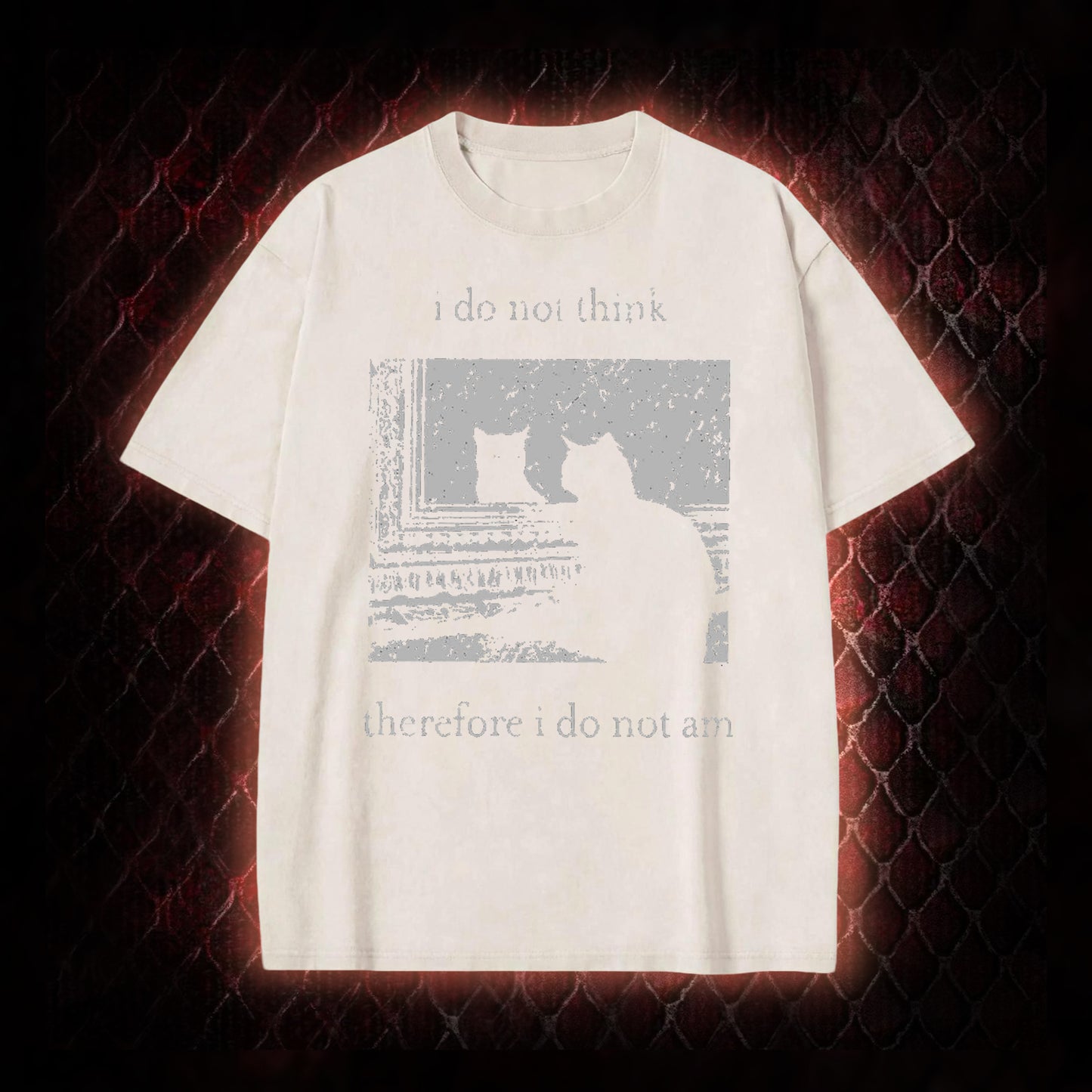 Philosophical Cat Meme 'I Do Not Think Therefore I Do Not Am' Graphic Vintage-T-Shirt - Humorous Philosophy & Cat Enthusiast Statement Piece