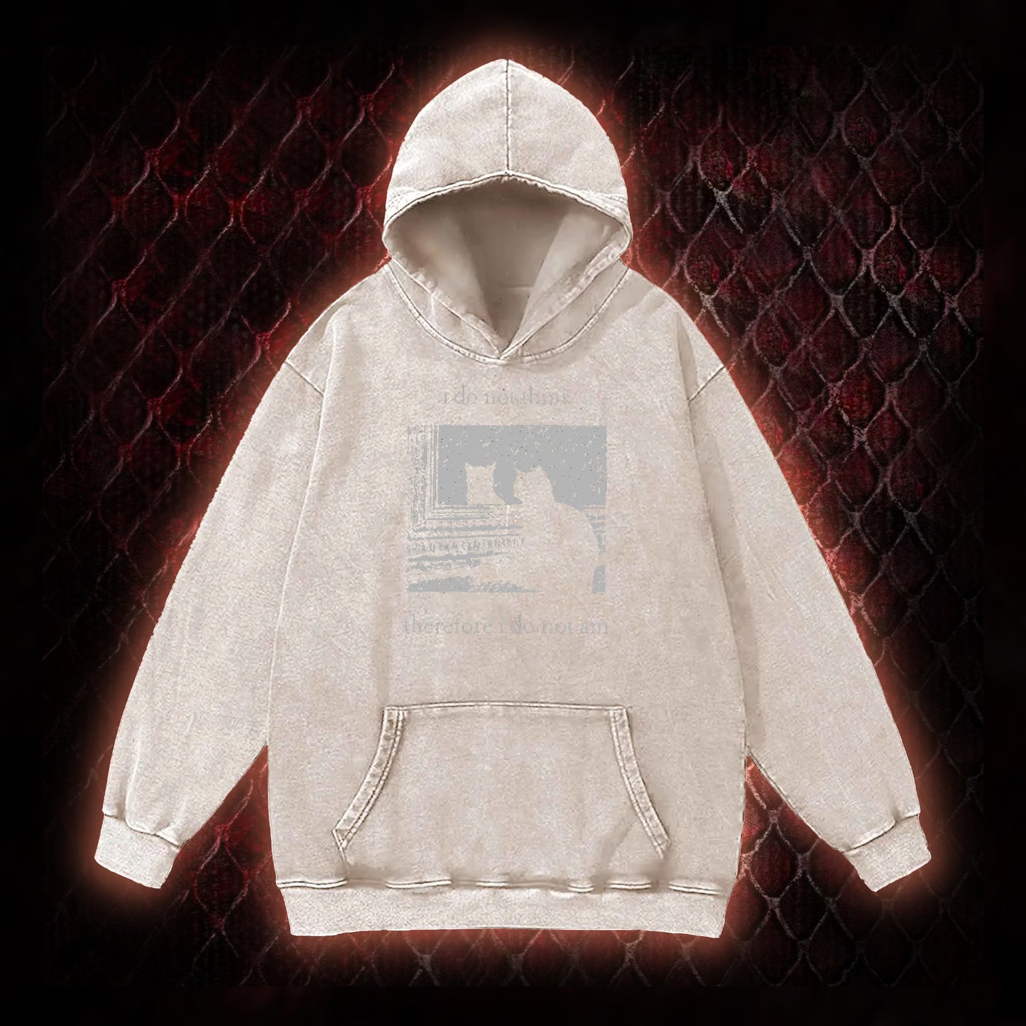 Philosophical Cat Meme 'I Do Not Think Therefore I Do Not Am' Graphic Vintage-Hoodie - Humorous Philosophy & Cat Enthusiast Statement Piece