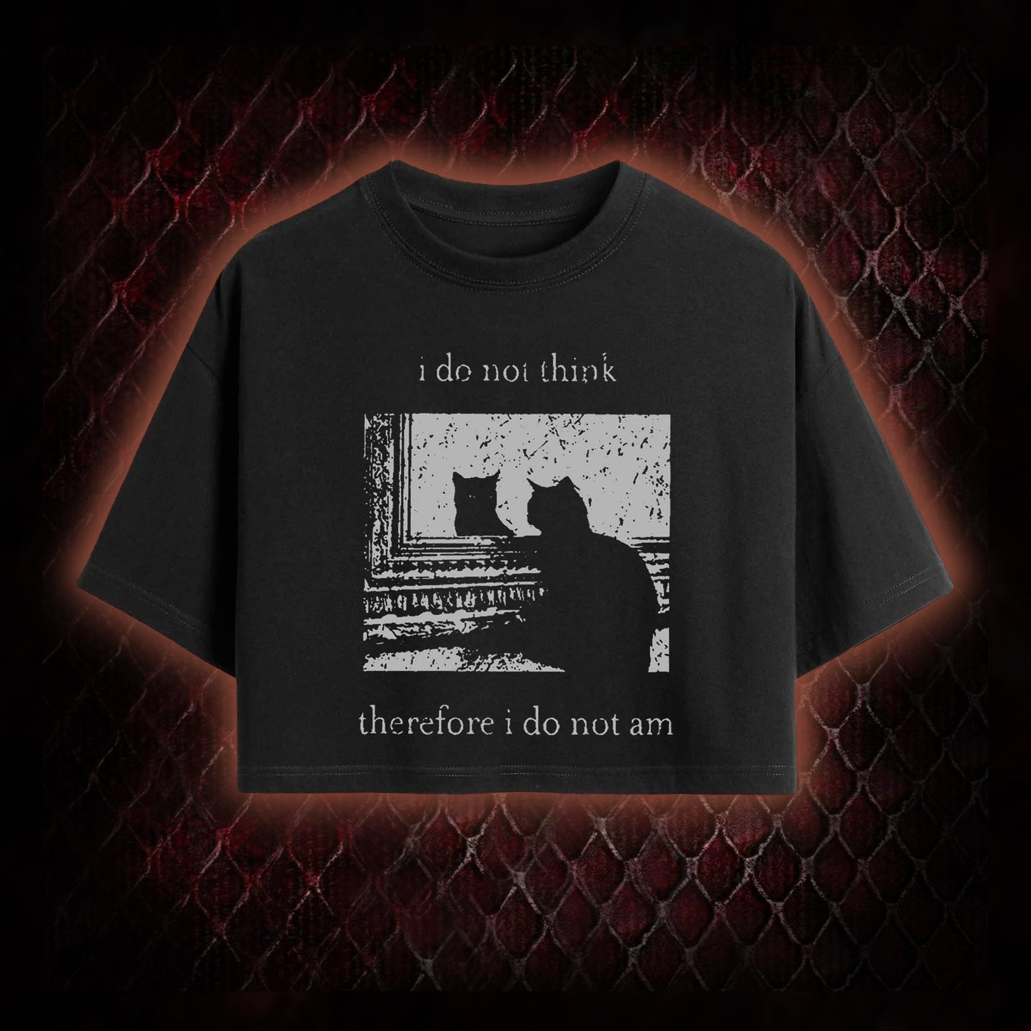 Philosophical Cat Meme 'I Do Not Think Therefore I Do Not Am' Graphic Cropped T-shirt  - Humorous Philosophy & Cat Enthusiast Statement Piece