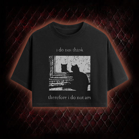 Philosophical Cat Meme 'I Do Not Think Therefore I Do Not Am' Graphic Cropped T-shirt  - Humorous Philosophy & Cat Enthusiast Statement Piece