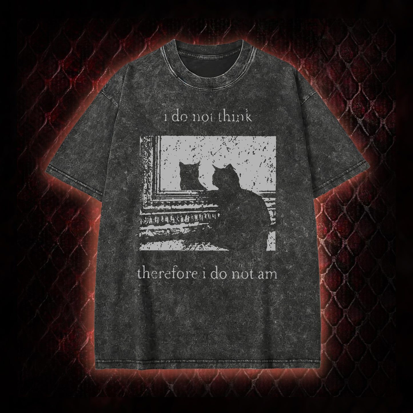 Philosophical Cat Meme 'I Do Not Think Therefore I Do Not Am' Graphic Vintage-T-Shirt - Humorous Philosophy & Cat Enthusiast Statement Piece