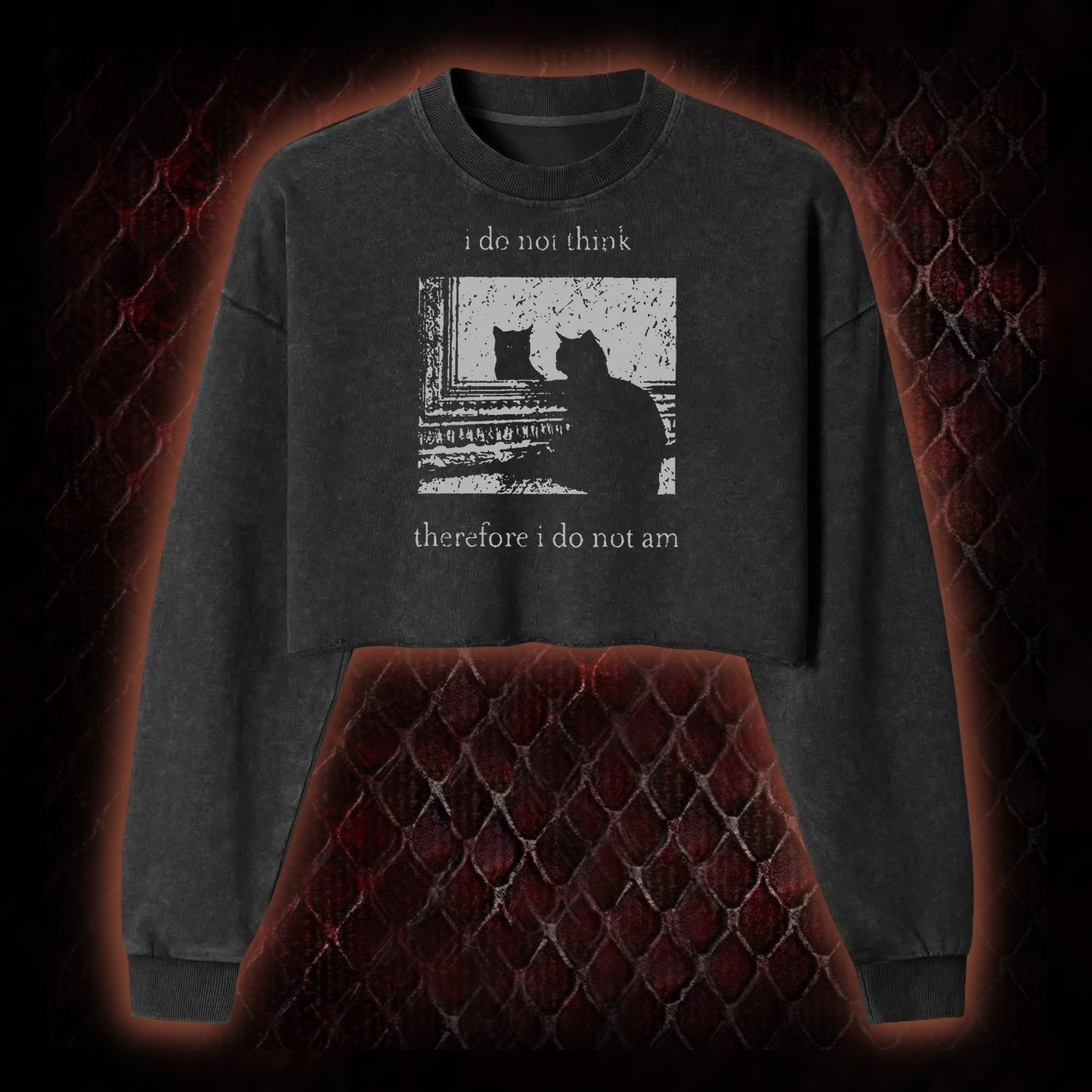 Philosophical Cat Meme 'I Do Not Think Therefore I Do Not Am' Graphic Cropped Long-Sleeved  - Humorous Philosophy & Cat Enthusiast Statement Piece