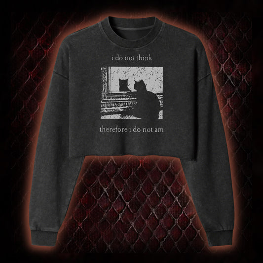 Philosophical Cat Meme 'I Do Not Think Therefore I Do Not Am' Graphic Cropped Long-Sleeved  - Humorous Philosophy & Cat Enthusiast Statement Piece