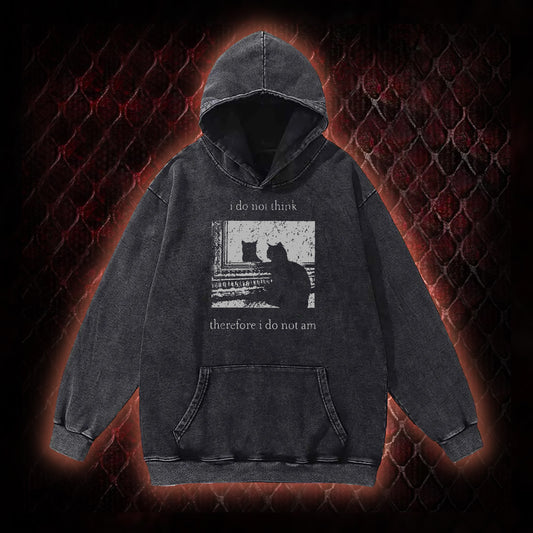 Philosophical Cat Meme 'I Do Not Think Therefore I Do Not Am' Graphic Vintage-Hoodie - Humorous Philosophy & Cat Enthusiast Statement Piece