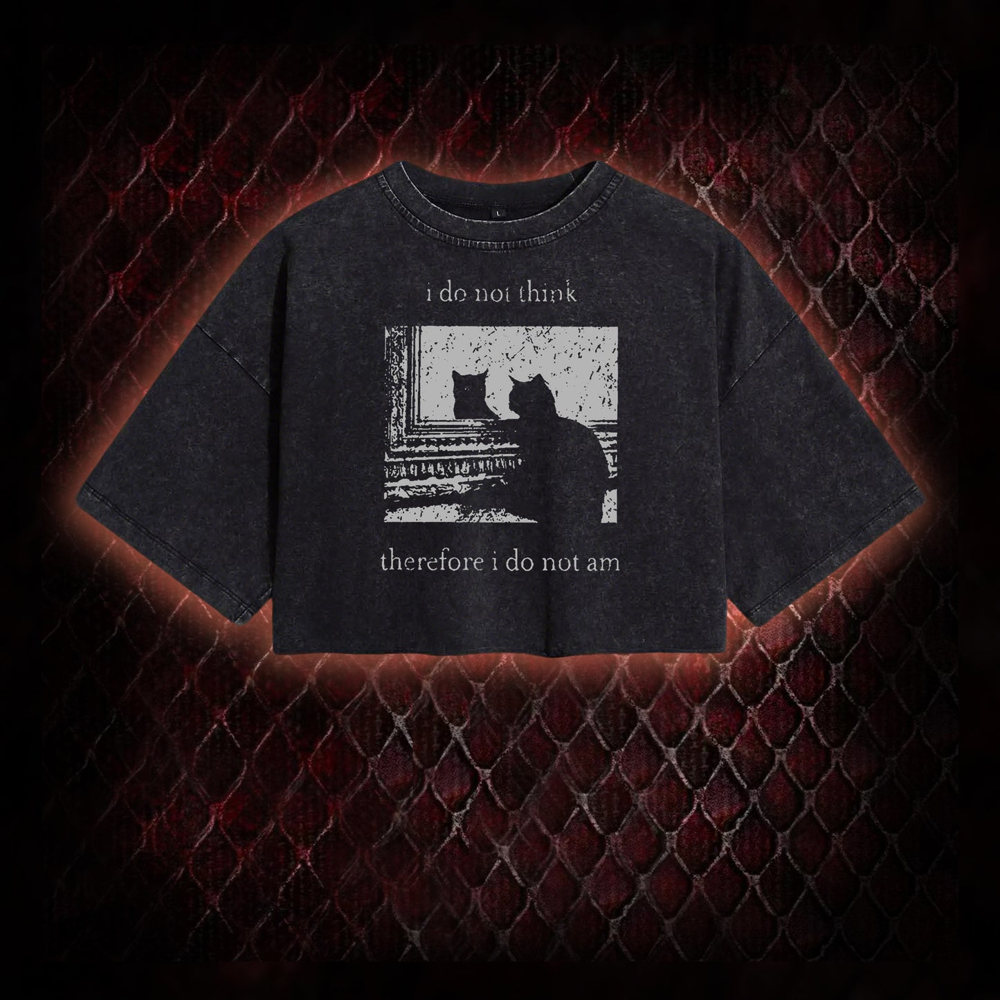 Philosophical Cat Meme 'I Do Not Think Therefore I Do Not Am' Graphic Vintage-Cropped T-shirt  - Humorous Philosophy & Cat Enthusiast Statement Piece