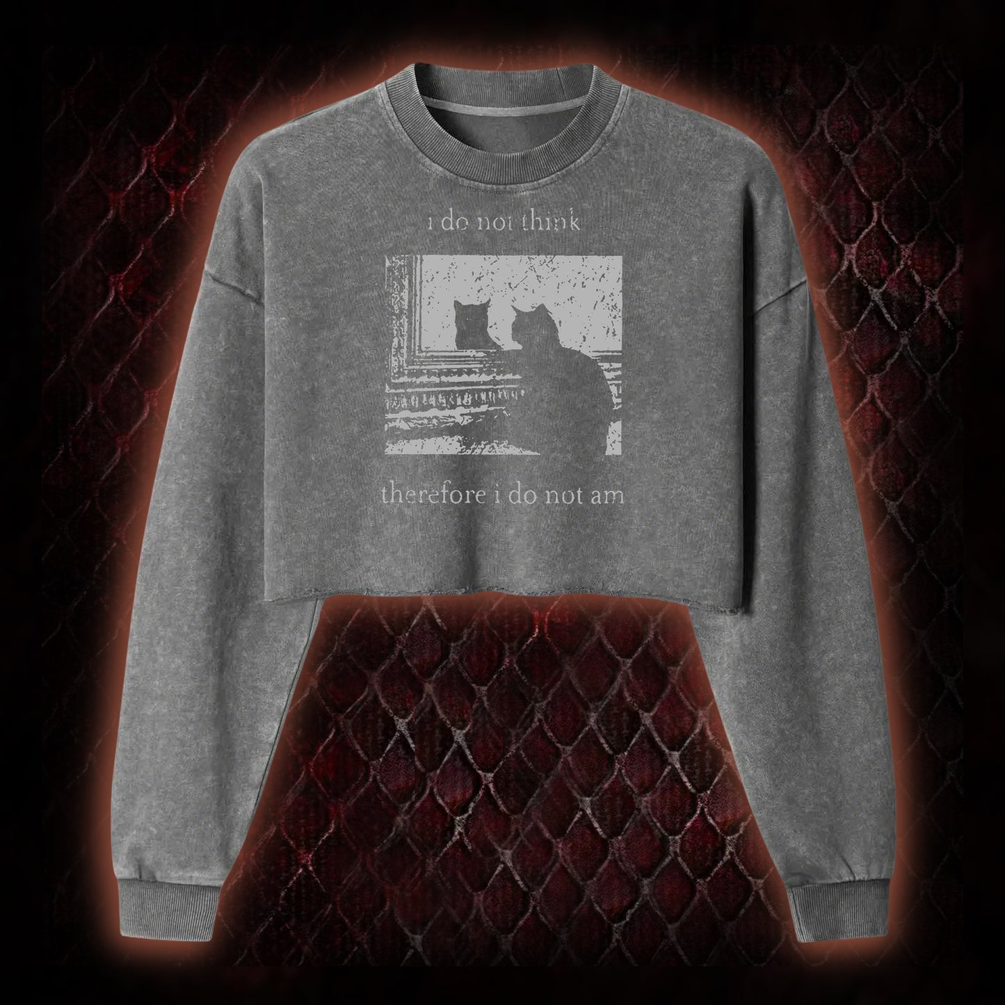 Philosophical Cat Meme 'I Do Not Think Therefore I Do Not Am' Graphic Cropped Long-Sleeved  - Humorous Philosophy & Cat Enthusiast Statement Piece