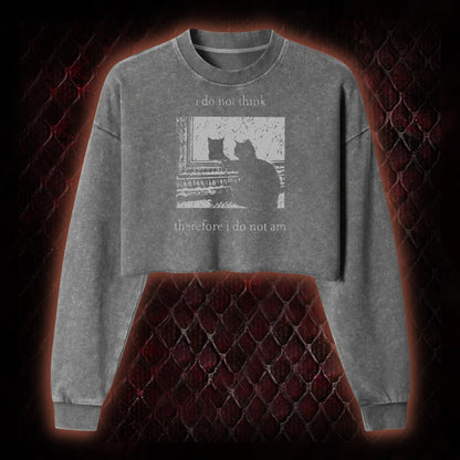 Philosophical Cat Meme 'I Do Not Think Therefore I Do Not Am' Graphic Cropped Long-Sleeved  - Humorous Philosophy & Cat Enthusiast Statement Piece