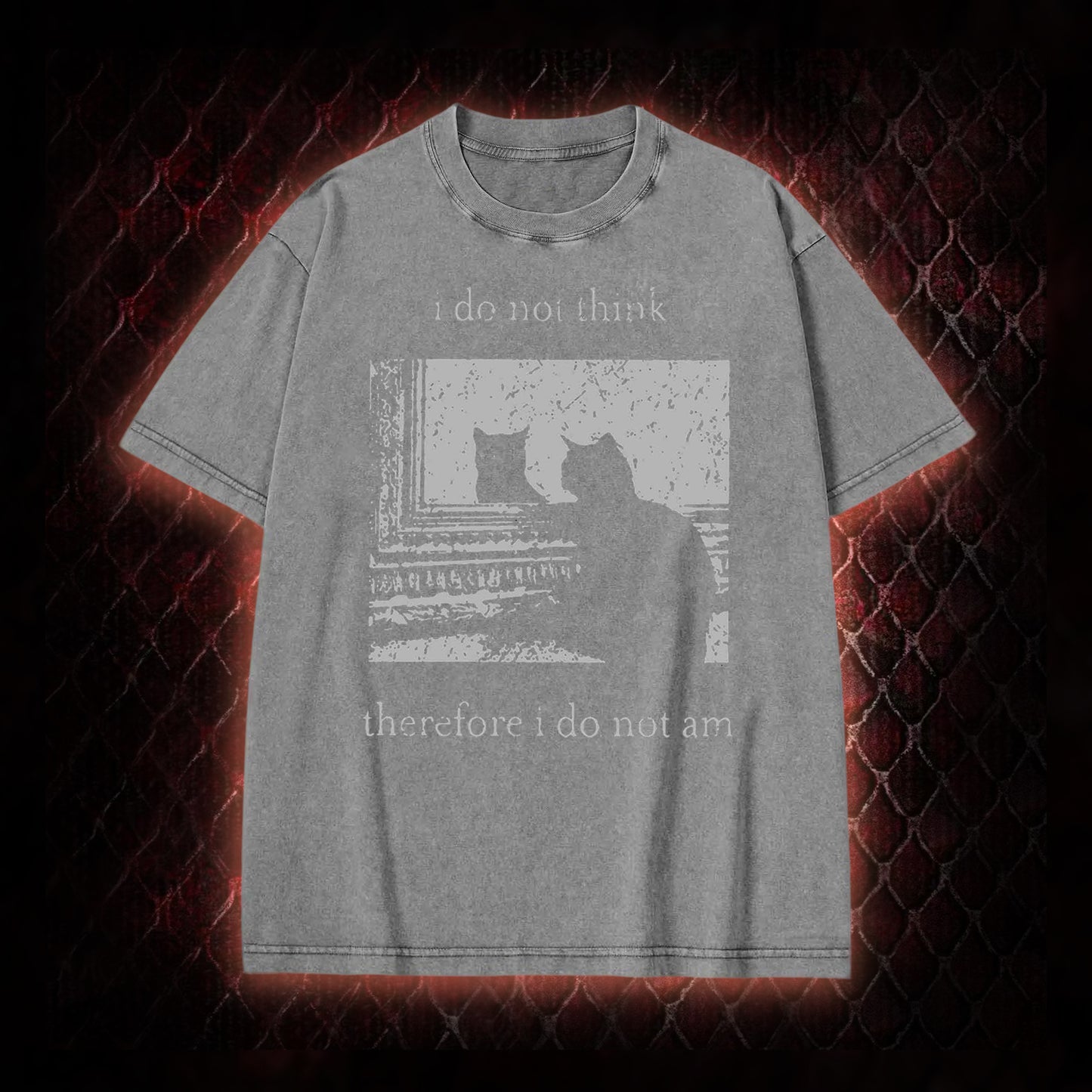 Philosophical Cat Meme 'I Do Not Think Therefore I Do Not Am' Graphic Vintage-T-Shirt - Humorous Philosophy & Cat Enthusiast Statement Piece