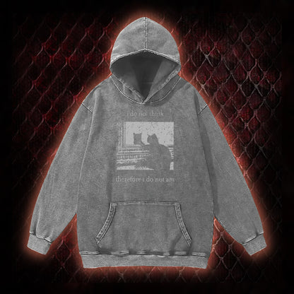 Philosophical Cat Meme 'I Do Not Think Therefore I Do Not Am' Graphic Vintage-Hoodie - Humorous Philosophy & Cat Enthusiast Statement Piece