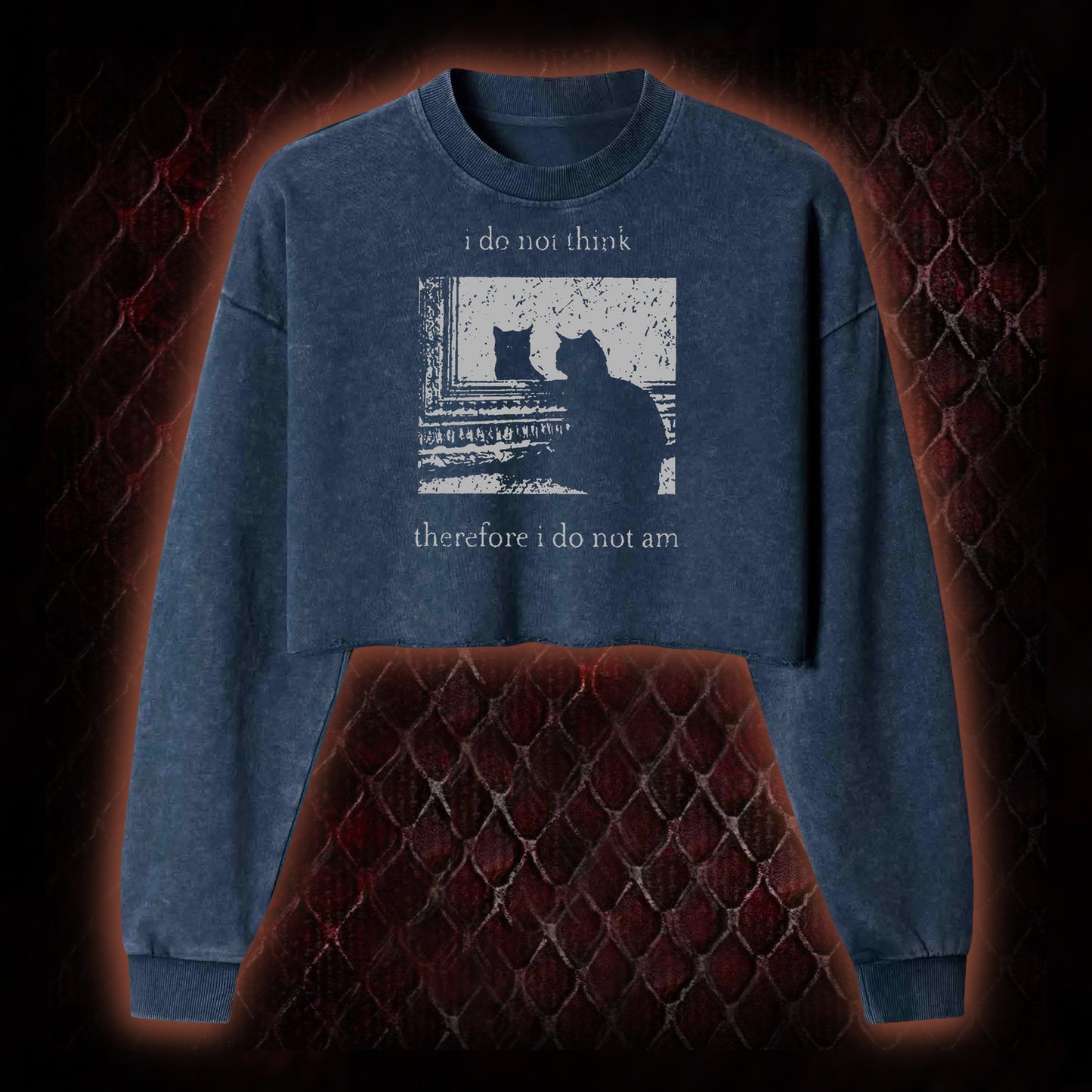 Philosophical Cat Meme 'I Do Not Think Therefore I Do Not Am' Graphic Cropped Long-Sleeved  - Humorous Philosophy & Cat Enthusiast Statement Piece