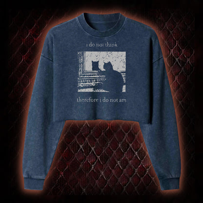 Philosophical Cat Meme 'I Do Not Think Therefore I Do Not Am' Graphic Cropped Long-Sleeved  - Humorous Philosophy & Cat Enthusiast Statement Piece