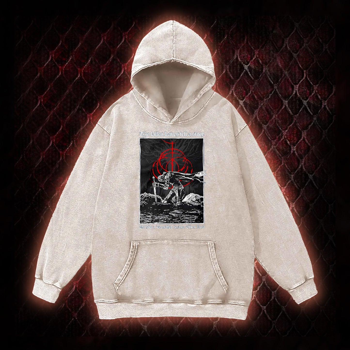 Elden Ring 'The Fallen Leaves Tell a Story' Tarnished to Elden Lord Graphic Vintage-Hoodie - FromSoftware RPG Tribute Piece