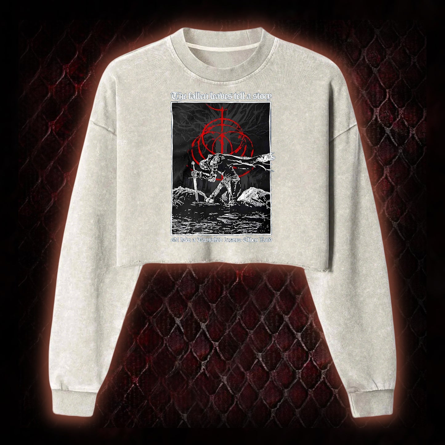 Elden Ring 'The Fallen Leaves Tell a Story' Tarnished to Elden Lord Graphic Cropped Long-Sleeved  - FromSoftware RPG Tribute Piece