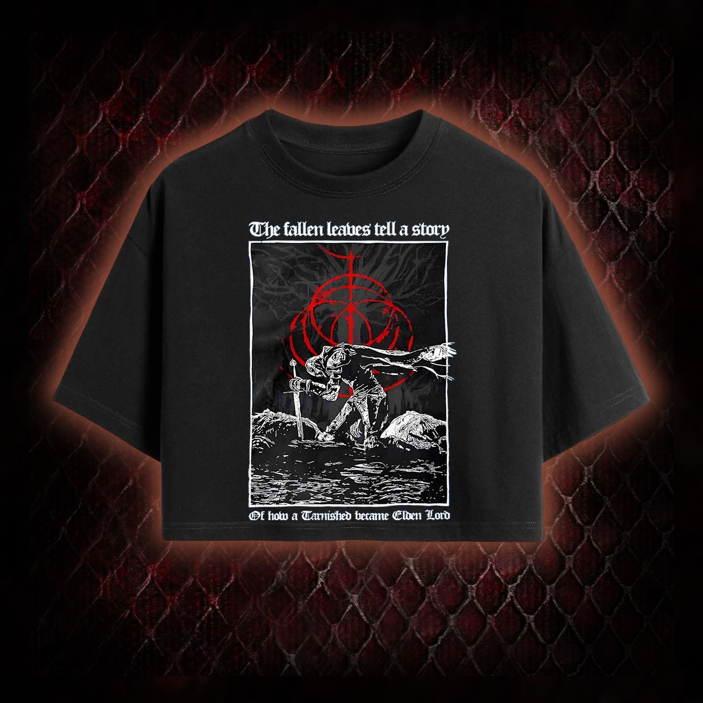 Elden Ring 'The Fallen Leaves Tell a Story' Tarnished to Elden Lord Graphic Cropped T-shirt  - FromSoftware RPG Tribute Piece