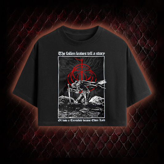 Elden Ring 'The Fallen Leaves Tell a Story' Tarnished to Elden Lord Graphic Cropped T-shirt  - FromSoftware RPG Tribute Piece