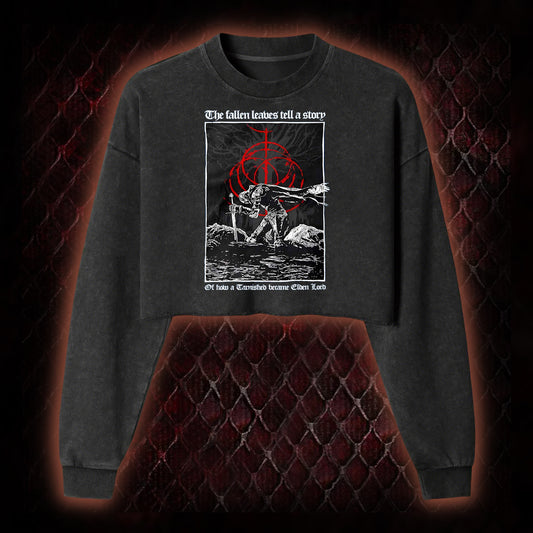 Elden Ring 'The Fallen Leaves Tell a Story' Tarnished to Elden Lord Graphic Cropped Long-Sleeved  - FromSoftware RPG Tribute Piece