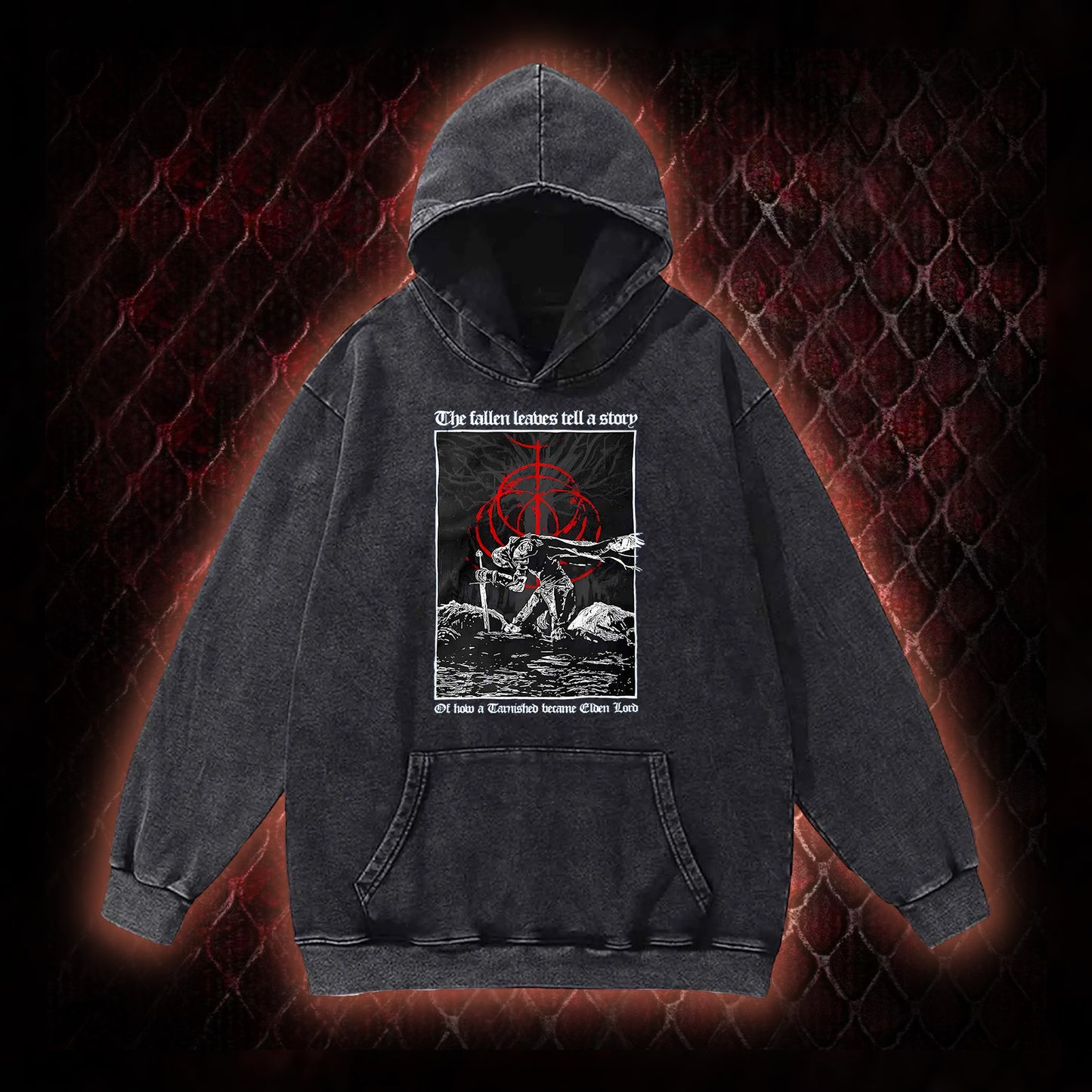 Elden Ring 'The Fallen Leaves Tell a Story' Tarnished to Elden Lord Graphic Vintage-Hoodie - FromSoftware RPG Tribute Piece