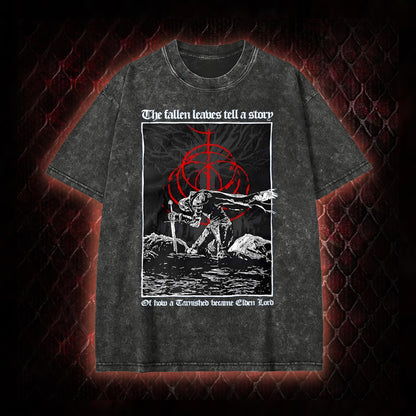 Elden Ring 'The Fallen Leaves Tell a Story' Tarnished to Elden Lord Graphic Vintage-T-Shirt - FromSoftware RPG Tribute Piece