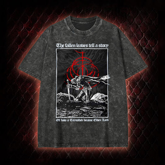 Elden Ring 'The Fallen Leaves Tell a Story' Tarnished to Elden Lord Graphic Vintage-T-Shirt - FromSoftware RPG Tribute Piece